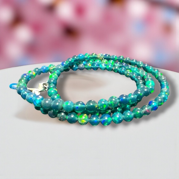 Natural Black Opal Necklace Handmade Solid 18K White Gold ,  October Birthstone - Picture 1 of 6